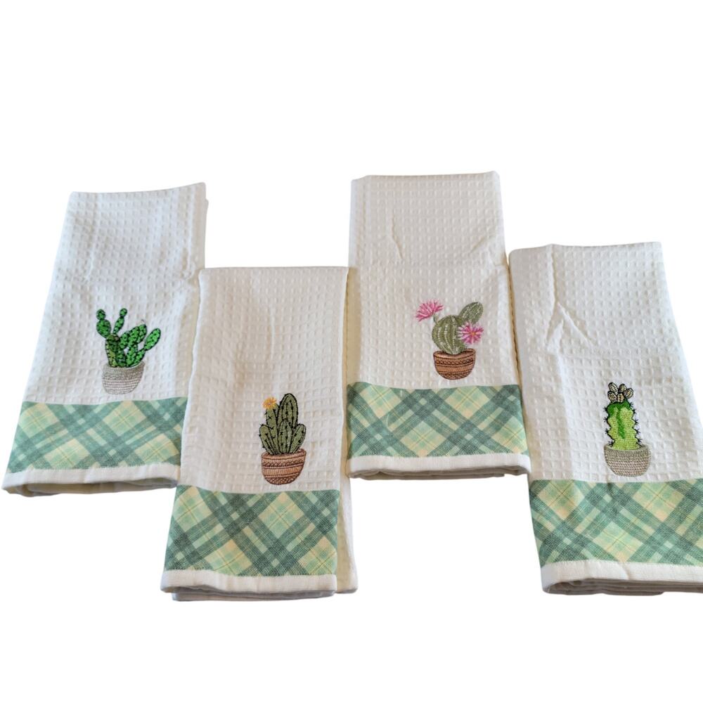 4 Cactus Kitchen Towels Lavien Embroidered Waffle Cotton Blend 16x24 Green Plaid